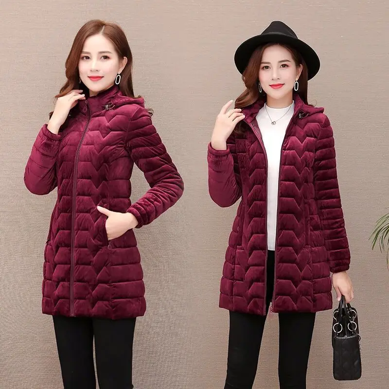 2019 Winter Jacket Women Plus Size 5XL Warm Middle-aged Hooded Gold velvet Coat Parkas | Женская одежда