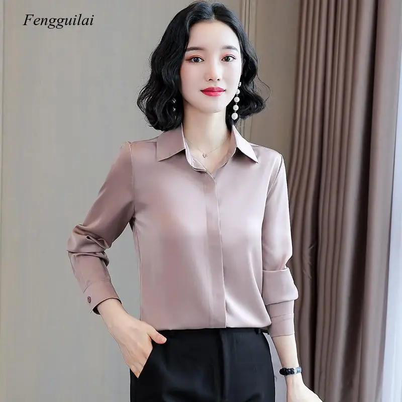 2021 Autumn Hidden Breasted Women Silk Shirt Casual Female Blouse Tops Long Sleeve Lapel Shirts Ol Style Women Satin Blouses