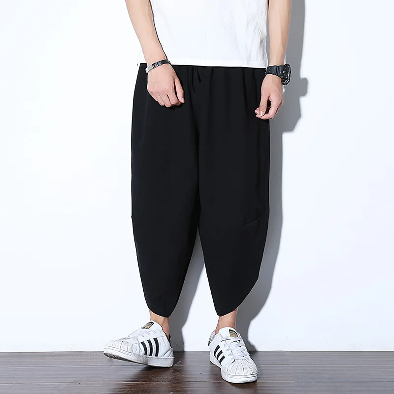 #2532 летние хлопковые льняные широкие брюки для мужчин с эластичной резинкой на