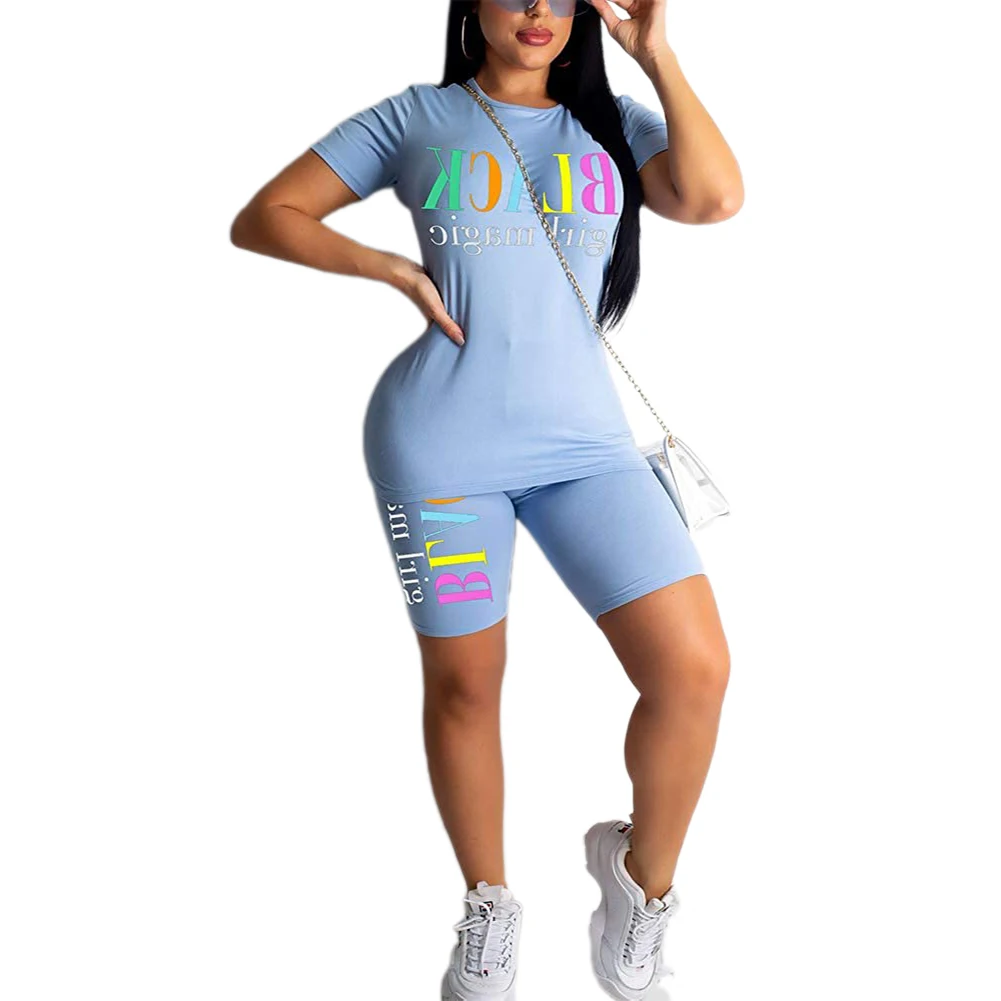

Women's Letter Printed Short Sleeve T-Shirts Elastic Waist Shorts Two Pieces Casual Outfit Female Pullover Bodycon Tracksuit