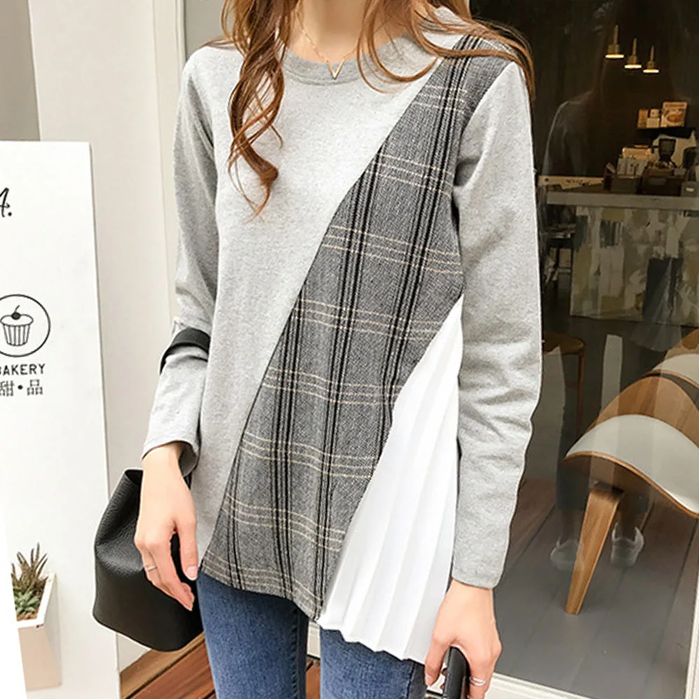 Женская футболка в клетку Корейском стиле черная Весенняя с длинным рукавом