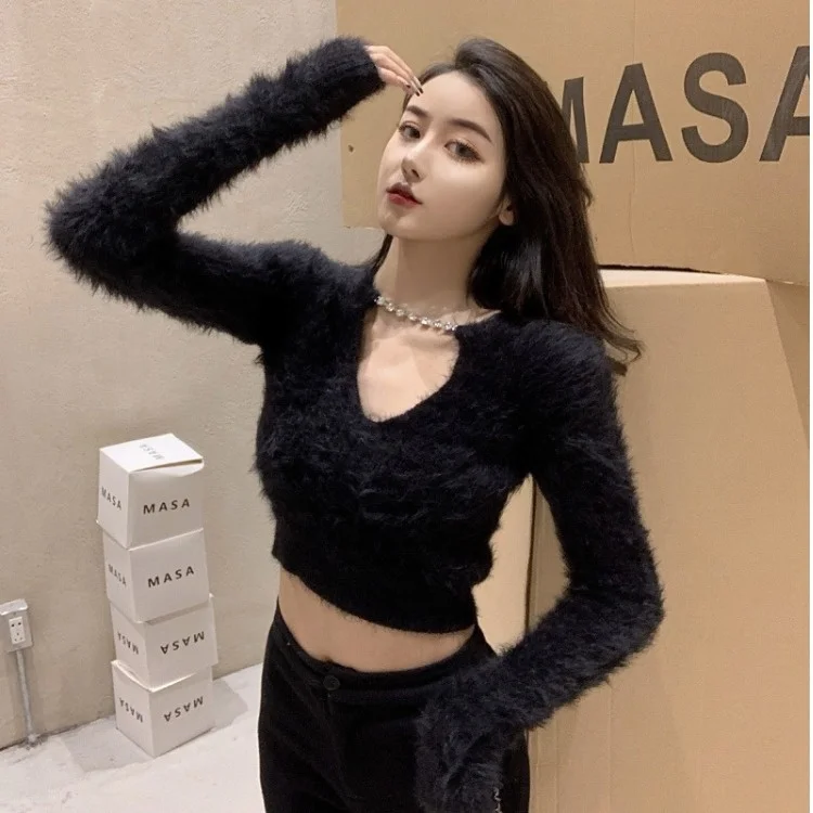 

Mink Sweater Women's Black Tight Diamond Long Sleeve with Autumn Short Sweater Top X248a
