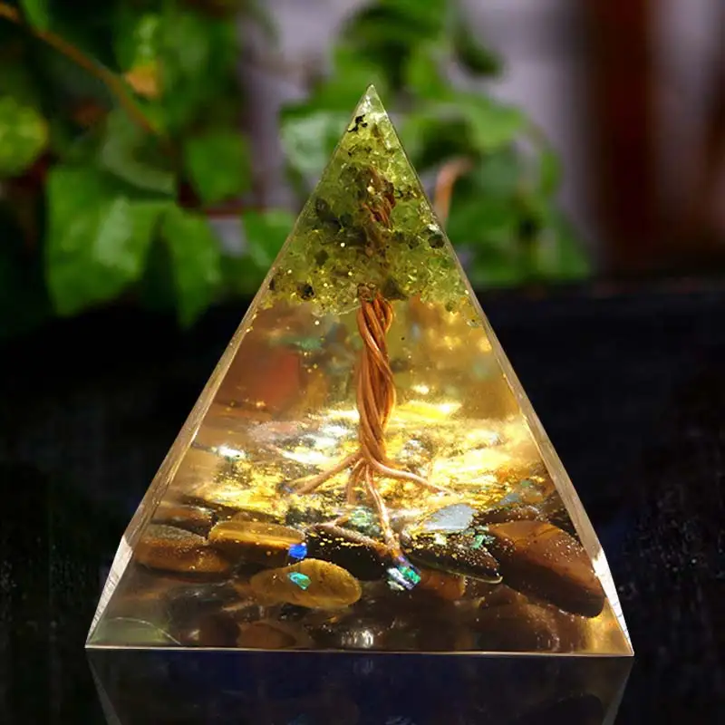 

Handmade Tree of Life Orgone Pyramid 60mm Peridot With Tiger Eye Crystal stone, Orgone Accumulator, EMF Orgonite Energy Chakra