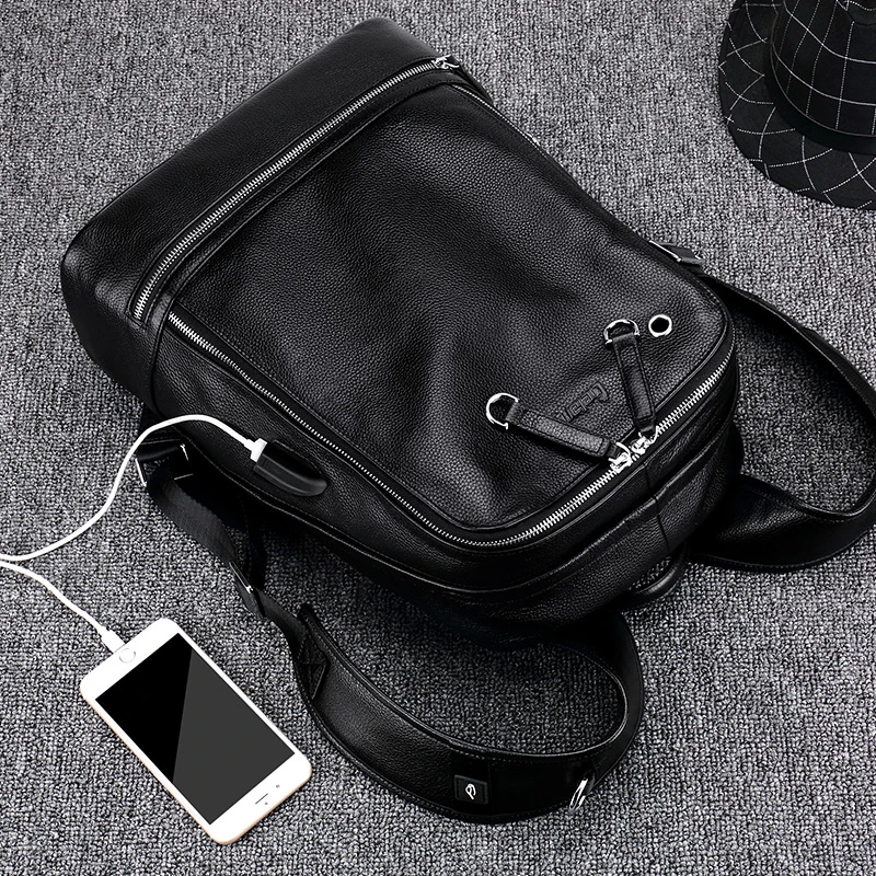 

Mens Genuine Leather Backpack For Laptop usb Charger Back Pack High Quality Black Backpack Waterproof Male Leather Rucksack