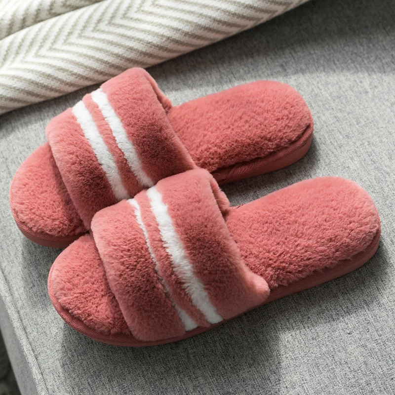 Coral Strip Новинка; зимние женские хлопковые тапочки; домашняя теплая обувь без застежки с искусственным мехом; нескользящие домашние тапочки; женская домашняя обувь на плоской подошве; размеры 34-41 - Color: Coral Strip
