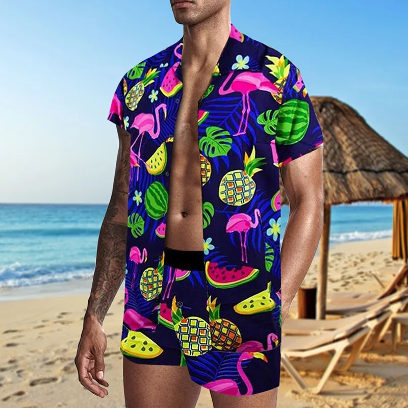 

Men Hawaiian Sets 2021 Summer Printing Short-Sleeved Button Shirt + Beach Shorts Sand Beach Two-Piece Casual Men's Suit