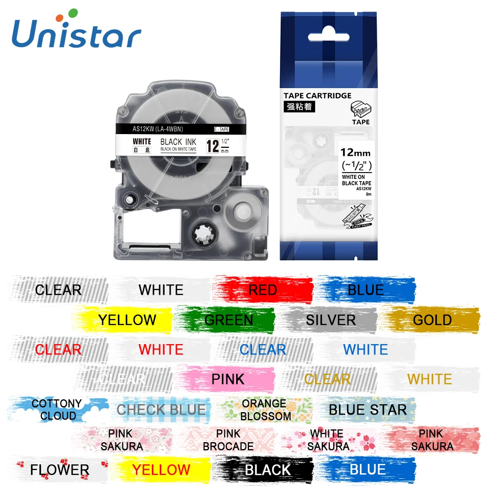 Лента Unistar SS12KW совместимая с Epson/KingJim LC 4WBN 12mm черно белая для принтера ярлыков LW300