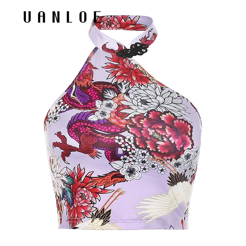 

Dragon Floral Print Chinese Style Irregular Halter Crop Top Women Strapless Tank Tops Backless Streetwear 90s Sexy Vests