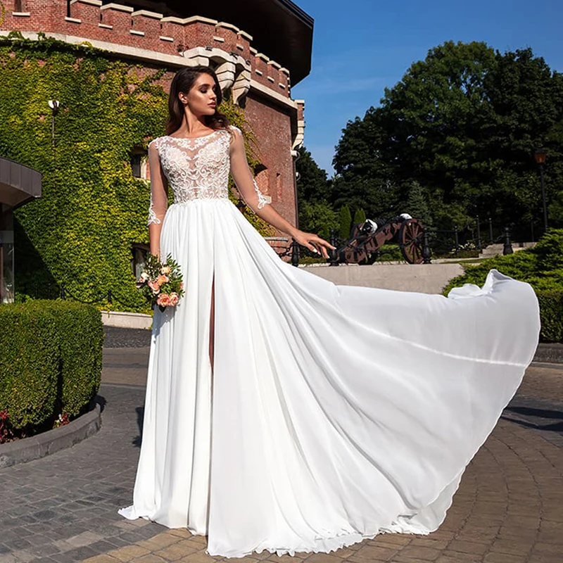 

Luxury A-line Wedding Dresses Lace 3d Three-dimensional Applique Charming Gowns 3/4 Sleeve Sexy High Split Robe De Mariée