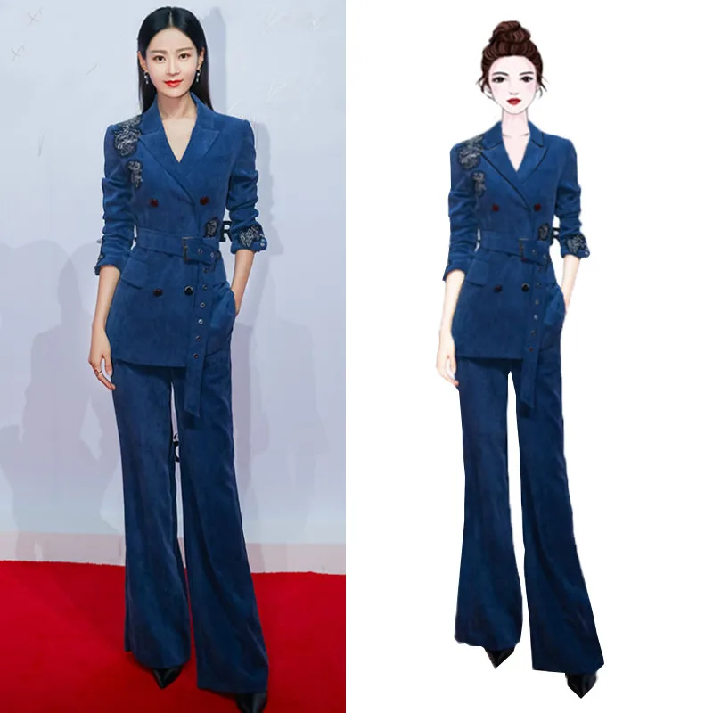 Женский костюм из 2 предметов синий двубортный приталенный с вышивкой пиджак и