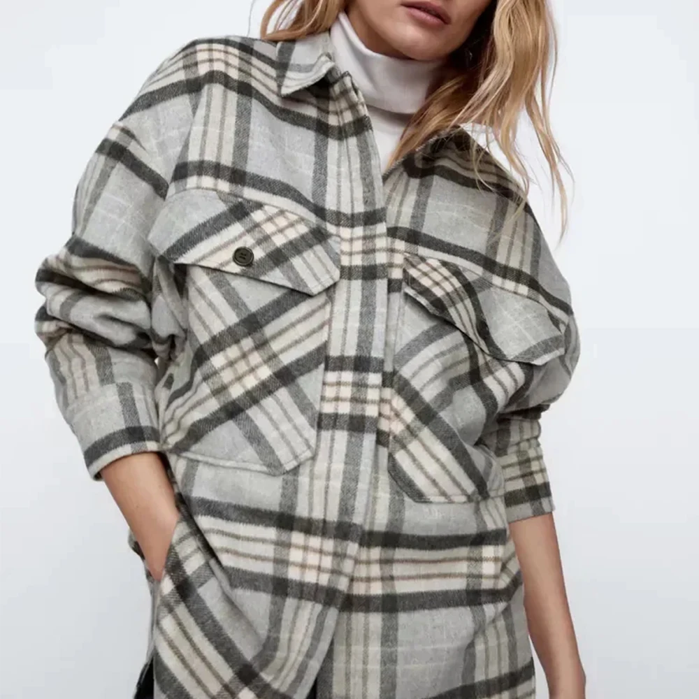 

2020 Winter Korean All-match Retro Plaid Single Breasted Woolen Coats with Pockets Female Casual Loose Shirt Jackets for Women