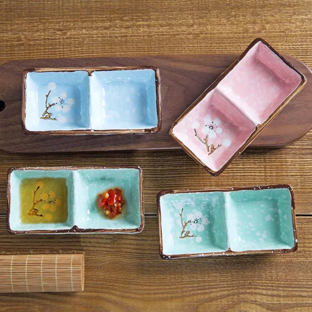 

Rectangular Handcraft Plum blossom Ceramic Plates Divided Japanese Sushi Dishes Snacks Kitchen Vinegar Seasoning Sauce Bowls