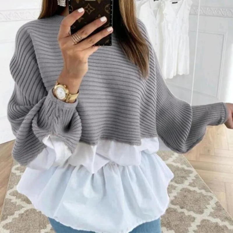 Winter Fashion Ruffled knitted Jumper Sweater Patchwork Loose Shirt Casual Streetwear Female Womens Long Sleeve Blusas Pullover | Женская