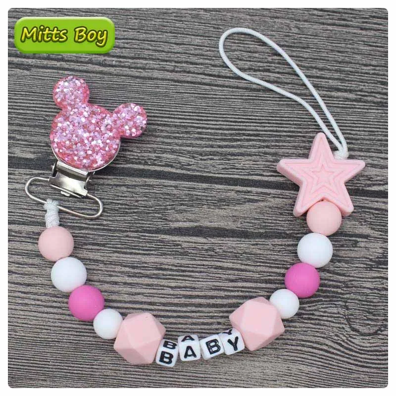 New DIY Personalised Name Silicone Baby Pacifier Clip Chain Nipple Pacifier Chain with Mouse Holder for Baby Newborn Shower Gift