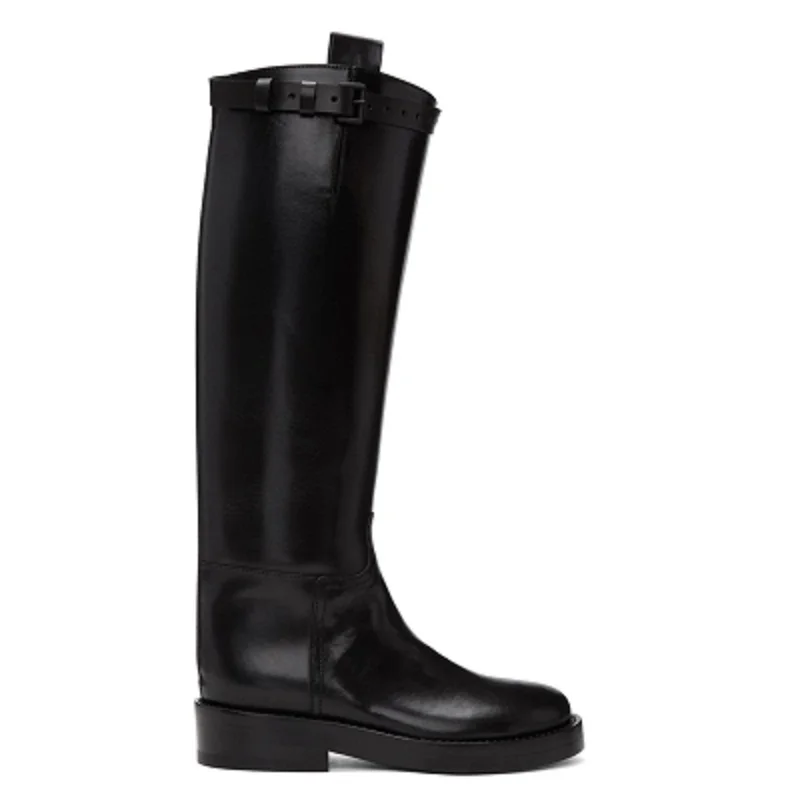 2019 г. Новые женские осенне-зимние рыцарские сапоги высокие на плоской подошве в