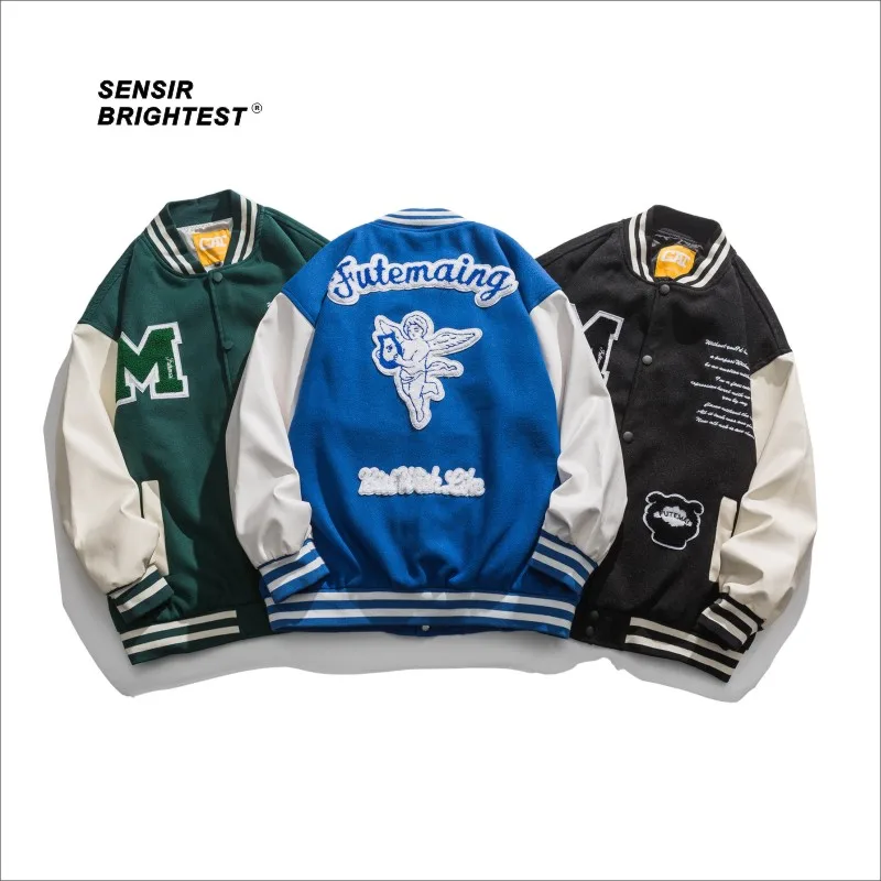 

22 Spring Letterman School Team Baseball Jacket Men's Pu Leather Stitched Embroidered Angel Pattern American Jacket