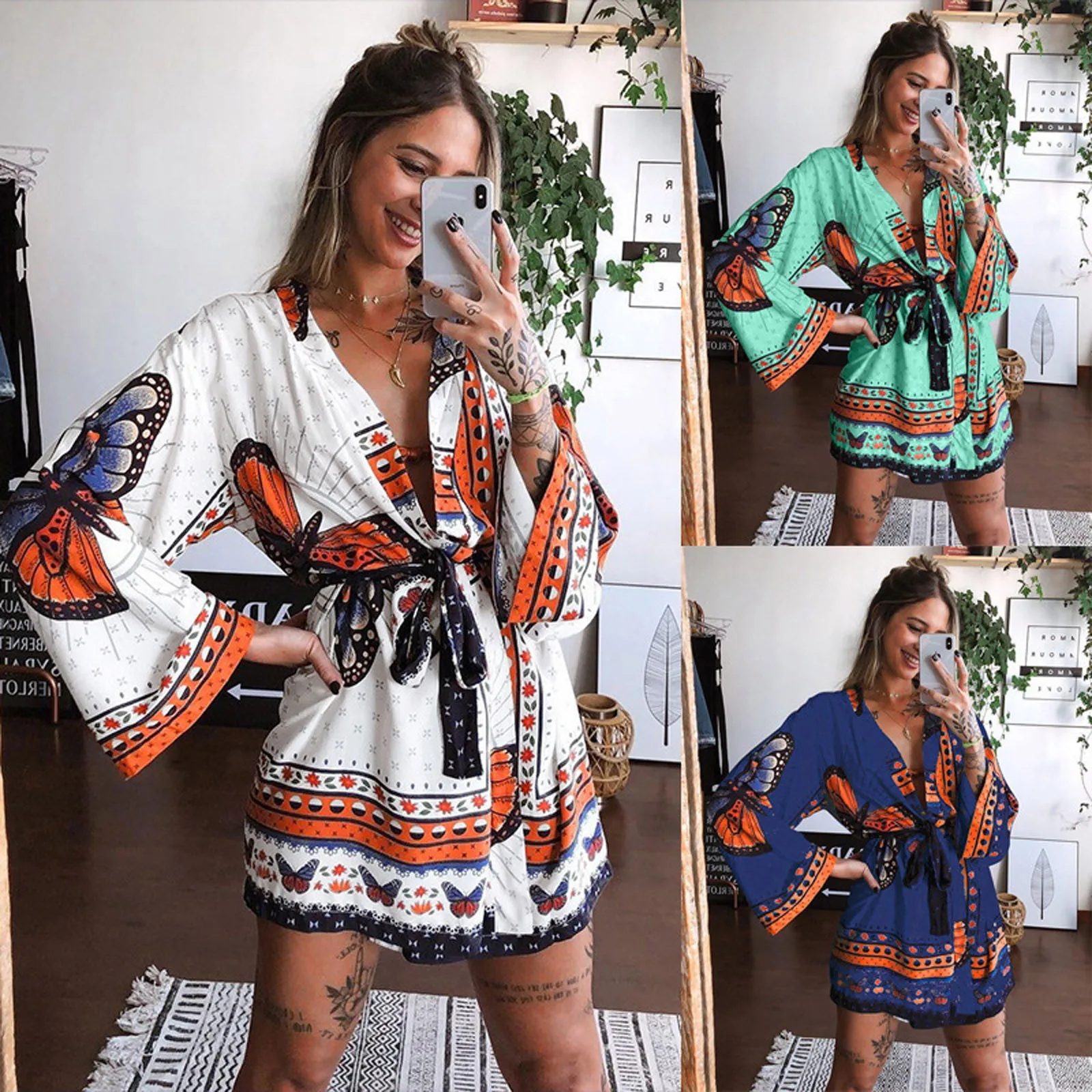 

Vintage Bohemian Dress Ladies Fashion Butterfly Print Long Sleeve V-neck Long Sleeve Lace Up Dress Elegant Beach Mini Dress#g