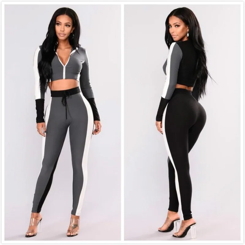 

Donsignet Fashion Women's Suit Casual Zipper Color Matching Short Casual Sweater Sports 2-piece Suit Drawstring Women's Clothing