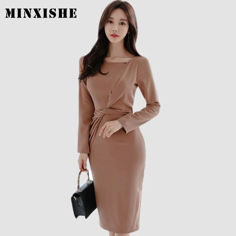 Осеннее женское платье новинка корейский стиль круглый вырез бодикон крест