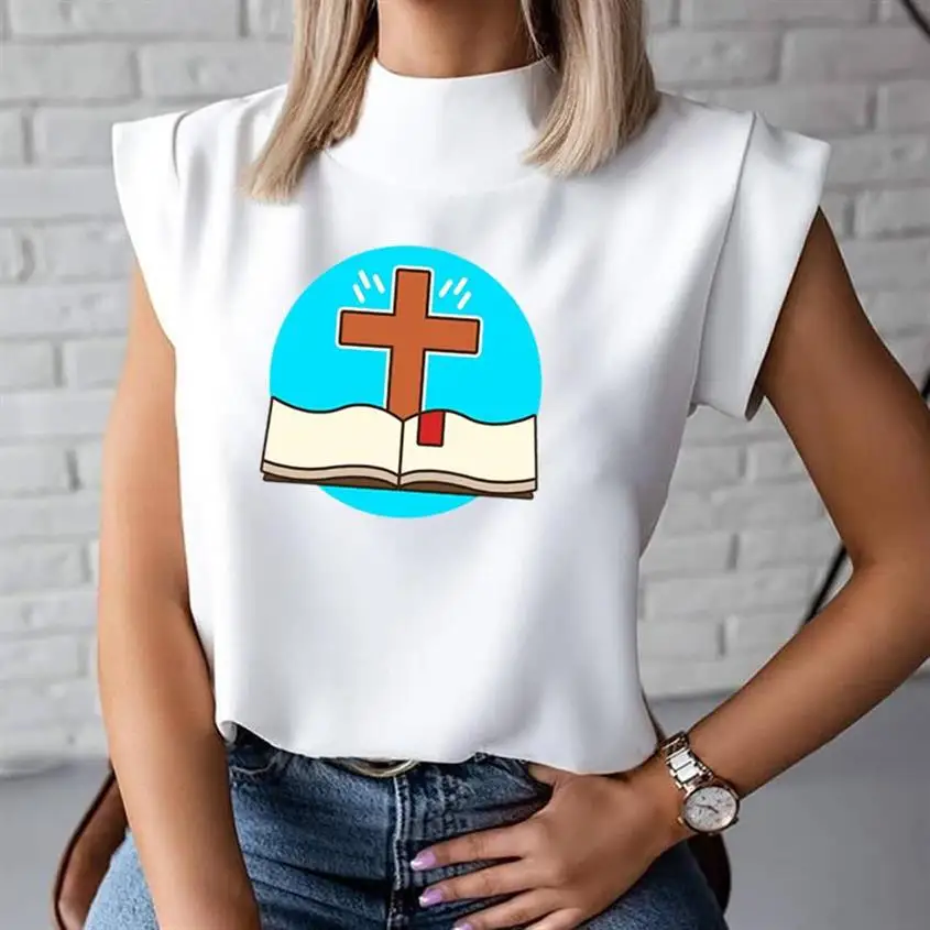 

2021 Fashion Women Bible Faith Jeusu Print Tops Blouse Shirts Summer Ladies Office Casual Stand Neck Pullovers Blusa Tops