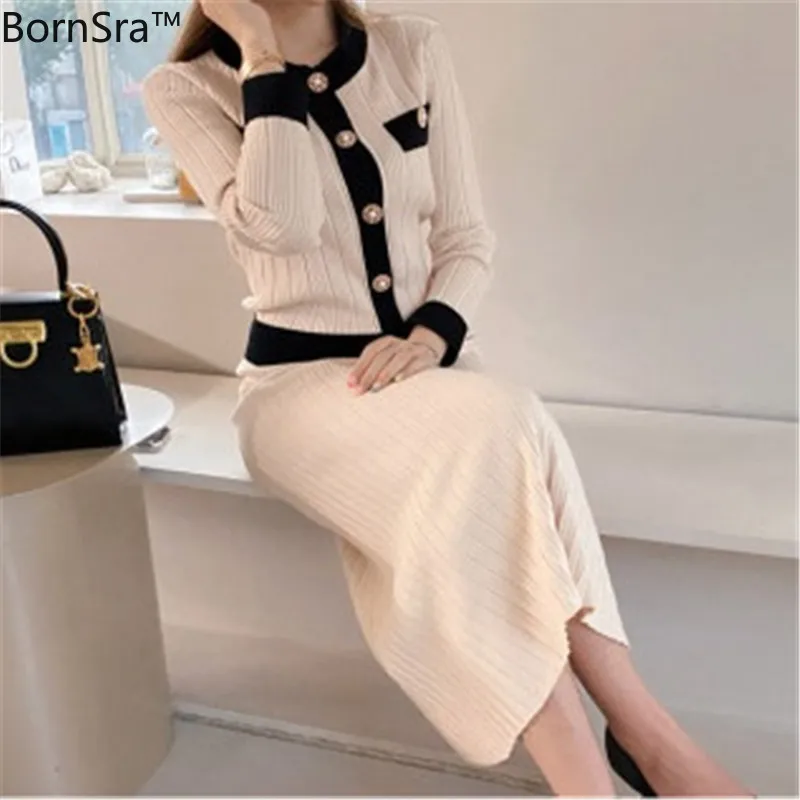 

Bornsra single breasted cardigans long skirt 2 piece set women knitted suit long sleeve sweater knit skirt big swing winter