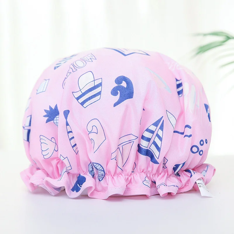 

New Cute Flower Print Shower Cap Bath Cap Women Adult Waterproof Double Layer Bath Bath Cap Chiffon Peva Waterproof Adjustable