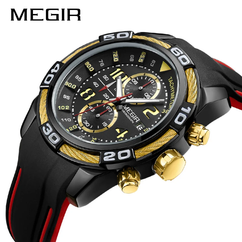 MEGIR мужские часы Топ бренд Роскошные Кварцевые золотой Чехол резиновый ремешок