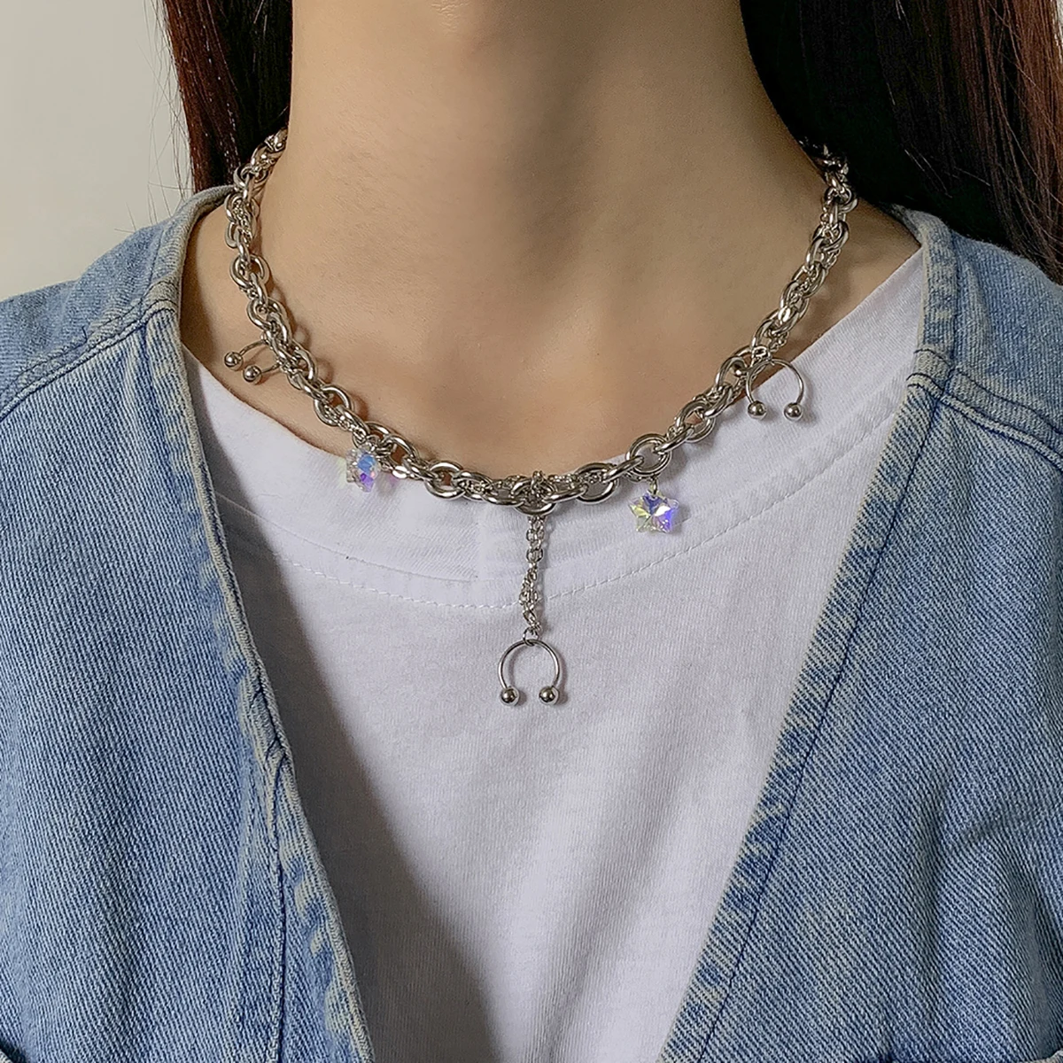 

SHIXIN Punk Stainless Steel Necklaces With Star Crystal Pendant Necklace for Women Chunky Choker Necklaces Thick Link Chain Neck