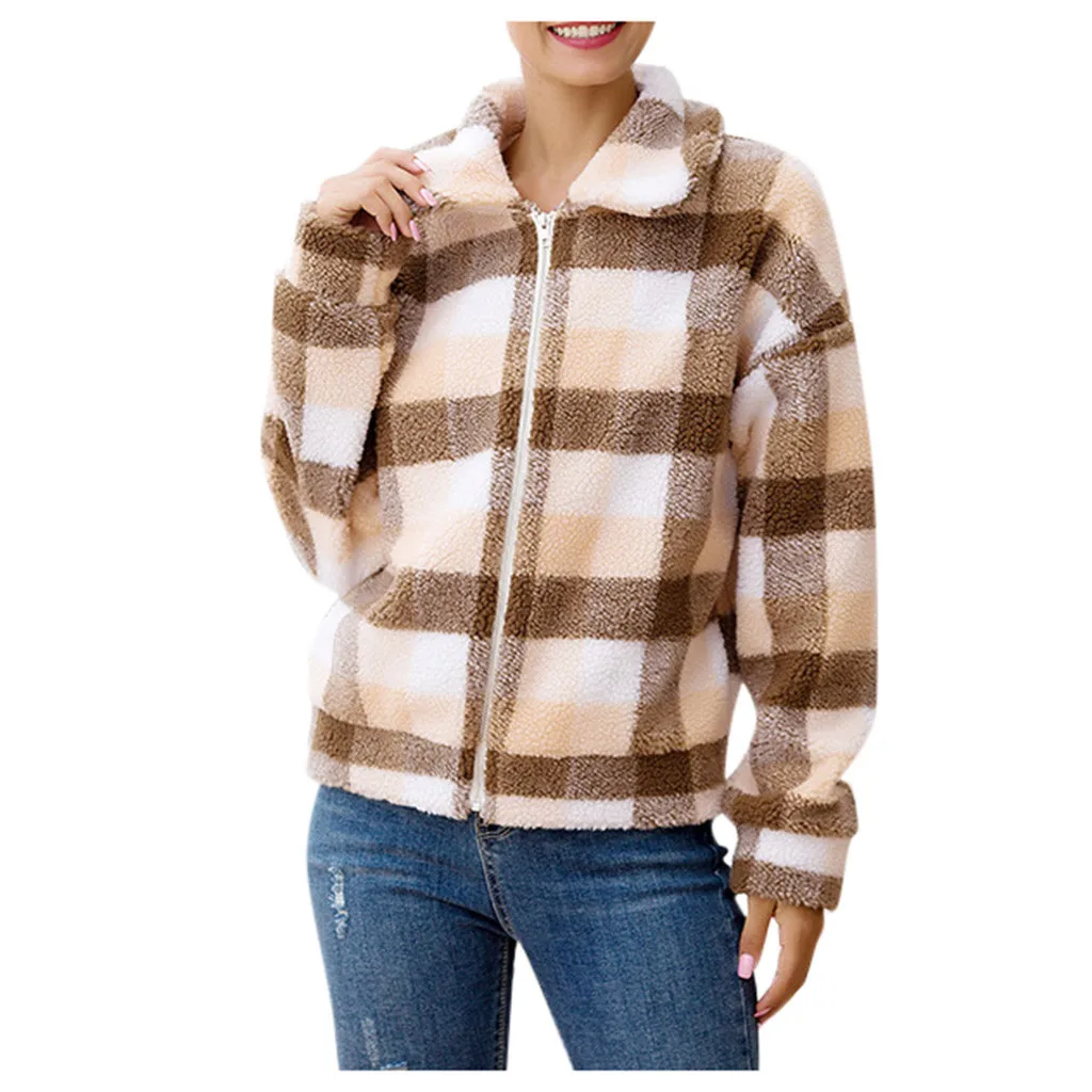 2019 модное зимнее клетчатое шерстяное женское Короткое пальто на молнии