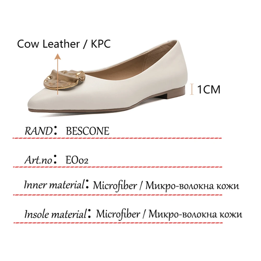 

BESCONE Casual Women's Flats Office Lady Pointed Toe Metal Decoration Flats Spring Autumn Slip-On Commute Ladies New Shoes EO02