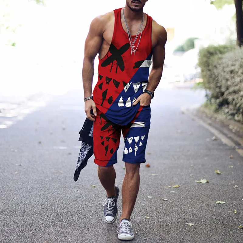 

Summer New Men's Suit Hip-Hop Harajuku Streetwear 3D Printing Smiley Face Oversized Vest Shorts 2-Piece Quick-Drying Sportswear