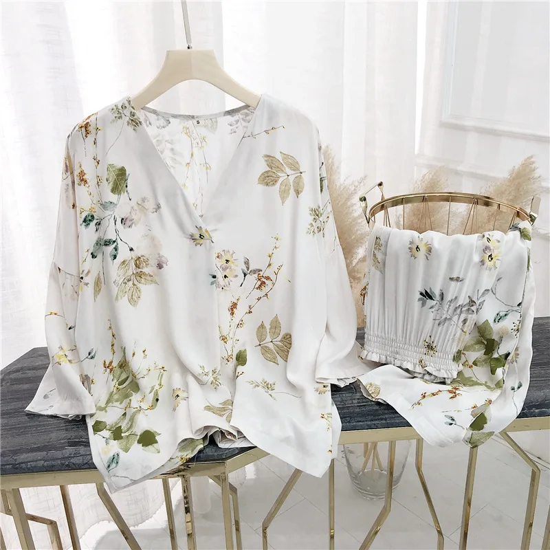 

Women's Cotton Cardigan Ladies Home Clothes Half Sleeve Tops with Long Pants Pajamas Suit Printing Woman Clothes Pajama Set