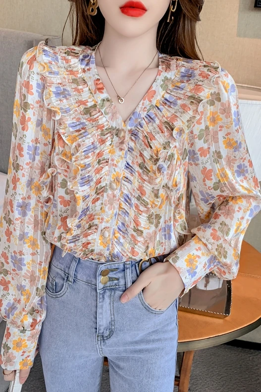 

2021 Spring V-neck Chiffon Print Blouse Women Elegant Ruffles Fashion Shirts Female Floral Lady Blouses