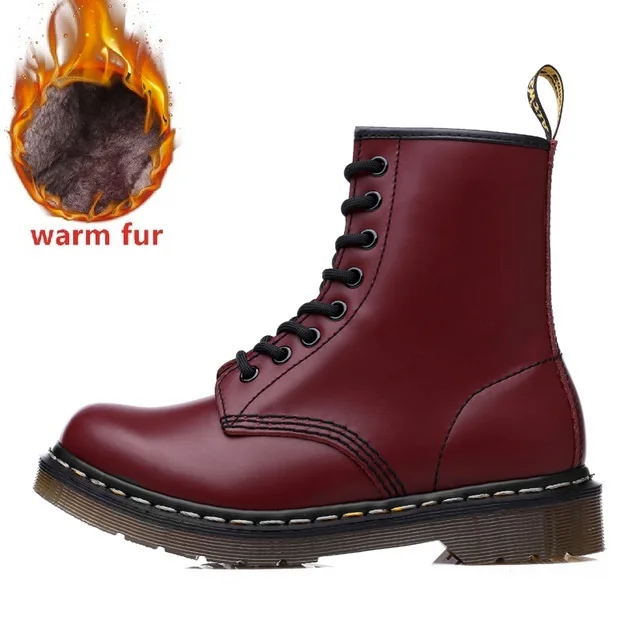 Fur Red Женские ботинки; мужские модные полуботинки martin из натуральной кожи для женщин; повседневные мотоботы на шнуровке; теплые зимние ботинки - Цвет: Fur Red