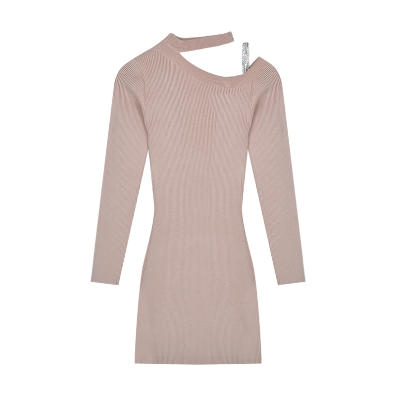 

Sexy Halter Chain Knitting Women Dresses Sheath Mini Long-Sleeved Off-Shoulder Solid Elastic Pulls Tops