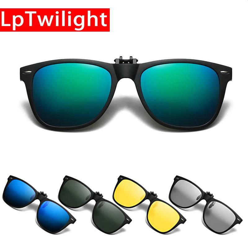 

2021 TR90 Polarized Clip On Sunglasses Men Flip Up Photochromic Sunglasses Mirror Blue Yellow Lens Night Vision Driving Glasses