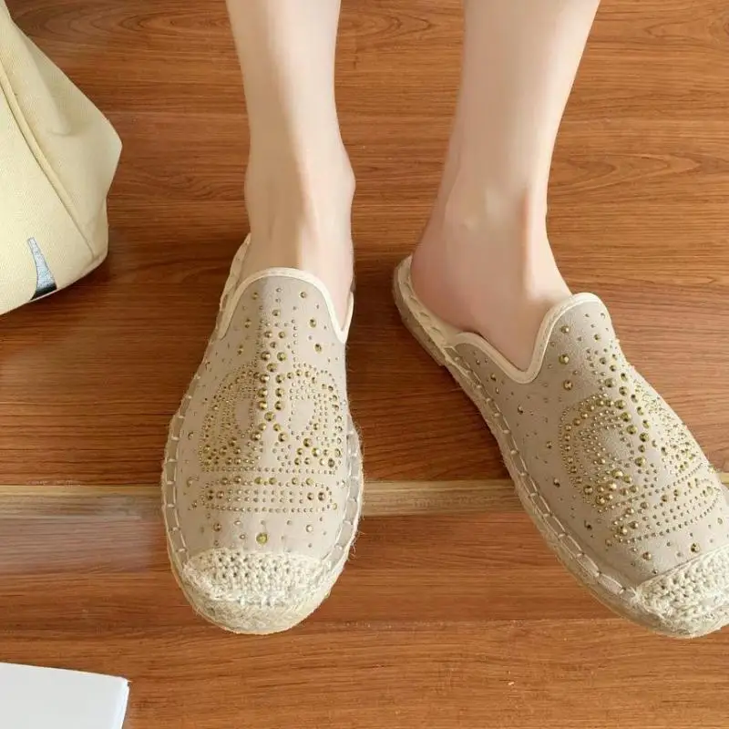 2021 Crystals Shoes Women Half Slippers Summer Pink Flat Heel Ventilation Hemp Round ToeMules Plus Big Size 41 42