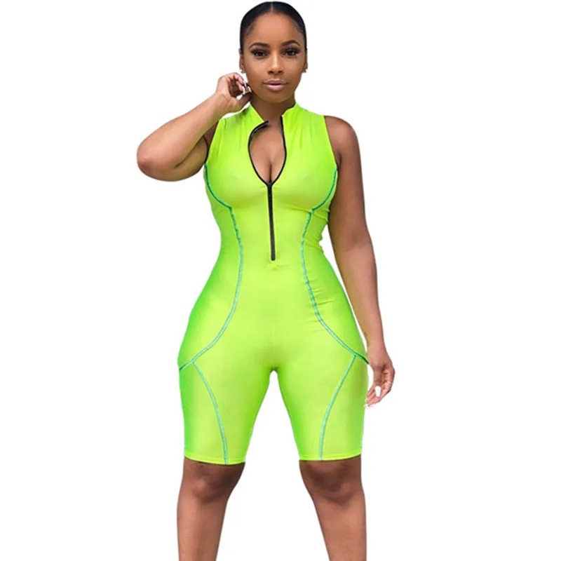 

2019 Women Fitness Playsuits Sleeveless Turtleneck Zipper Fly Striped Patchwork Bodysuit Sporting Skinny Shorts Jumpsuit Outfits