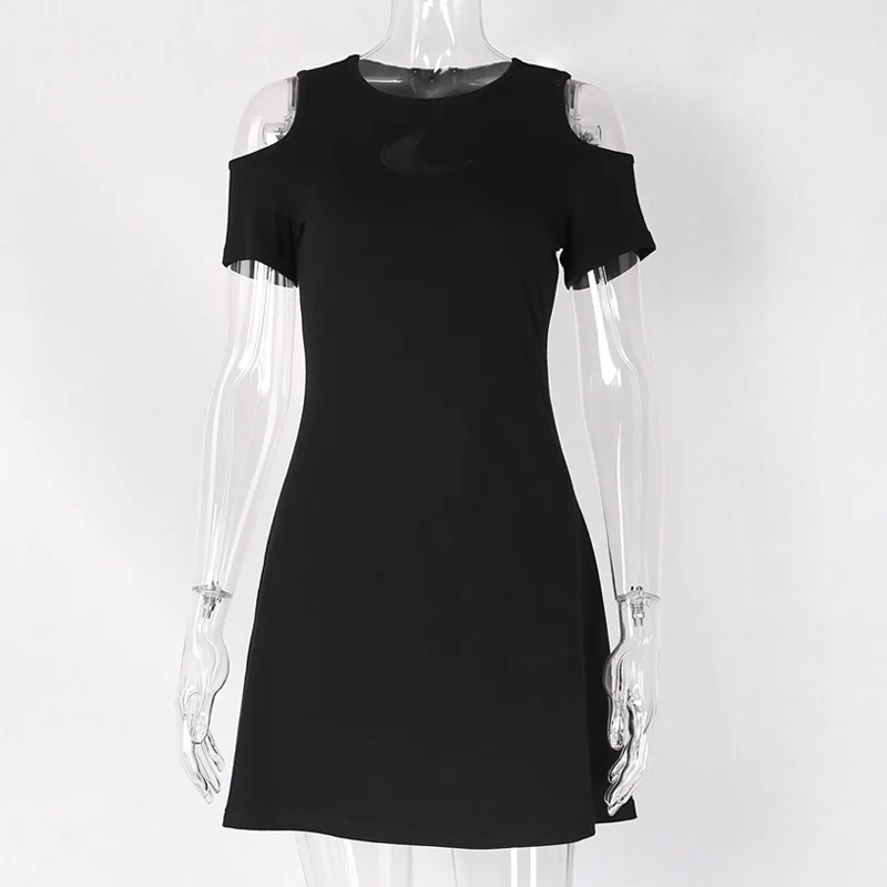 Black Goth Woman Cool Dress 2020 Lady Gothic Pleated Off Shoulder Transparent Crescent Hip-pop Punk Basic Rock Mini Hot Dresses | Женская