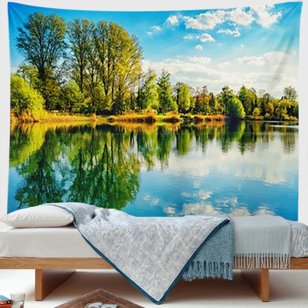 

Natural Landscape Tapestry Clear Lake Pine Trees Clouds Spring Sunny Modern Art Wall Hanging Boho Home Deco Picnic Mat Carpet