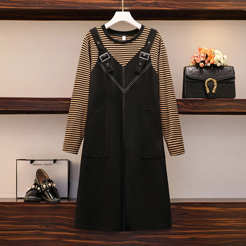 Плюс размер Осеннее Полосатое лоскутное платье для женщин 2020 новое повседневное