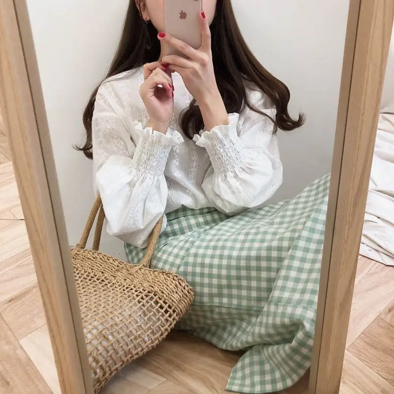 

Shirt sleeve Tops femme Spring Blouse Lace Embroidery Size Women Cotton Women Girls Casual white Long femme Linen Blouses Plus S
