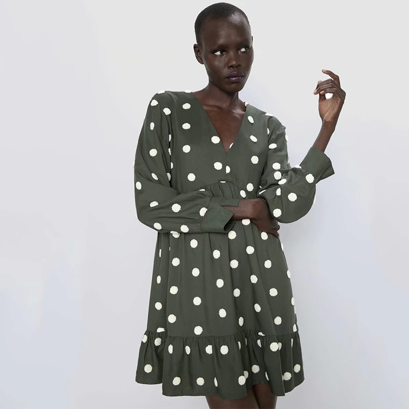 Новинка 2019 женское платье в горошек модное v образный вырез с оборками длинным