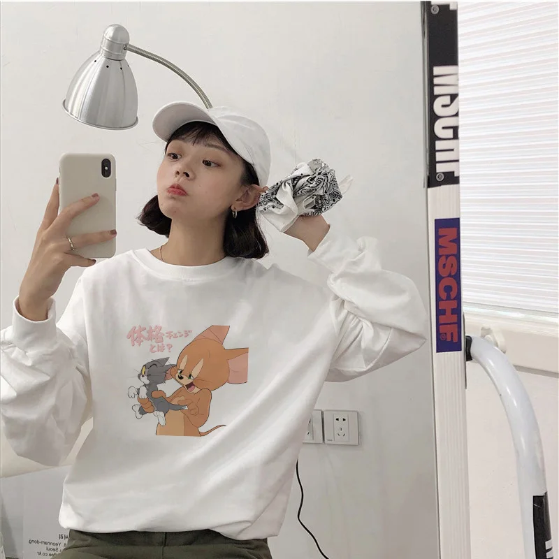 white 4 Том и Джерри INS spoof Harajuku уличный принт Женская Повседневная Свободная Толстовка с круглым вырезом и длинными рукавами Черно-белая - Цвет: white 4
