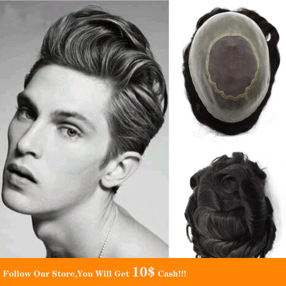 

Парик из натуральных волос BYMC Black Fine Mono dian, натуральная густота, качественные Популярные прочные волосы для мужчин, парик 6 дюймов