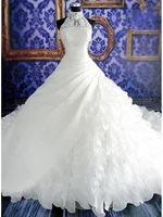 2021 ball gown halter wedding dress cathedral train lace ruffles organza women bridal wedding dresses robe de mariage