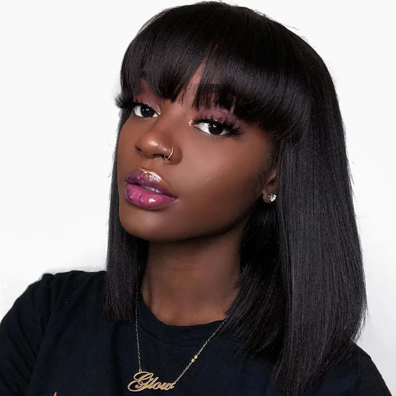 Качающийся лес Боб парики на кружеве с челкой перуанские человеческие волосы для