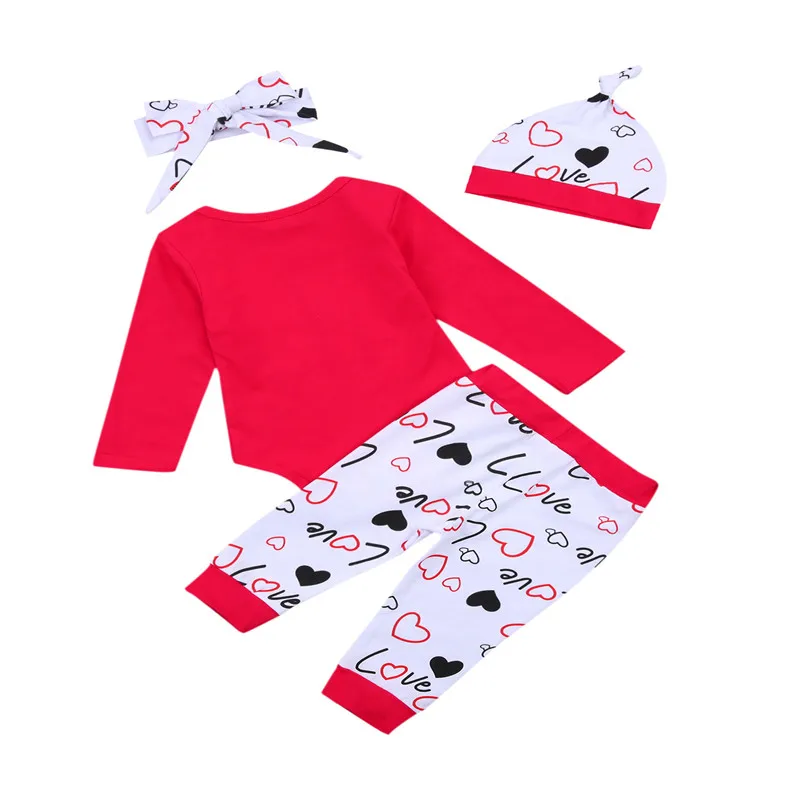 

0-18M Four Piece Baby\u2019s Clothes Unique Letter Long Sleeve Jumpsuit and Casual Heart Long Pants with Headband and Hat