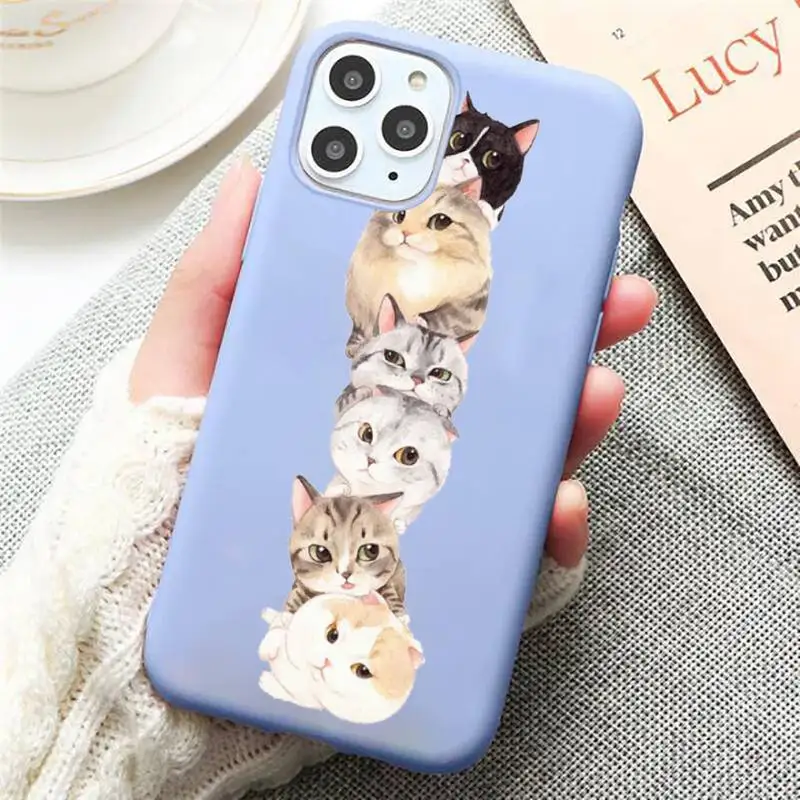 

cute cat Phone Case Candy Color Blue for iPhone 11 12 pro XS MAX 8 7 6 6S Plus X 5S SE 2020 XR