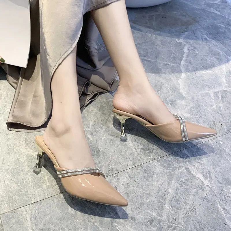 

Thin Heels Pointed Toe Med Shoes Heeled Mules Ladies' Slippers Luxury Slides Slipers Women High Designer 2021 PU Rubber Med Slip